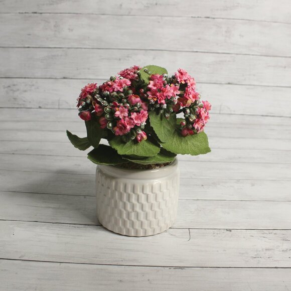 Pink Kalanchoe Artificial Silk Floral Arrangement Potted Flowers Ceramic Pot - Picture 2 of 7